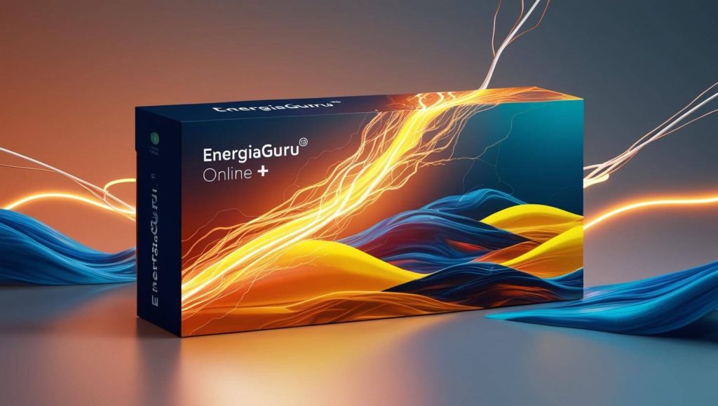A dark futuristic landscape with flowing electric currents and glowing lights. Abstract and professional with a modern dynamic aesthetic. Package that says EnergiaGuru® Online.